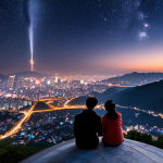 **Daejeon nightscape from Bomunsan Observatory:** Sparkling city lights under a starry sky, a couple enjoying the romantic view with warm coffee, and the overall serene atmosphere of the night.