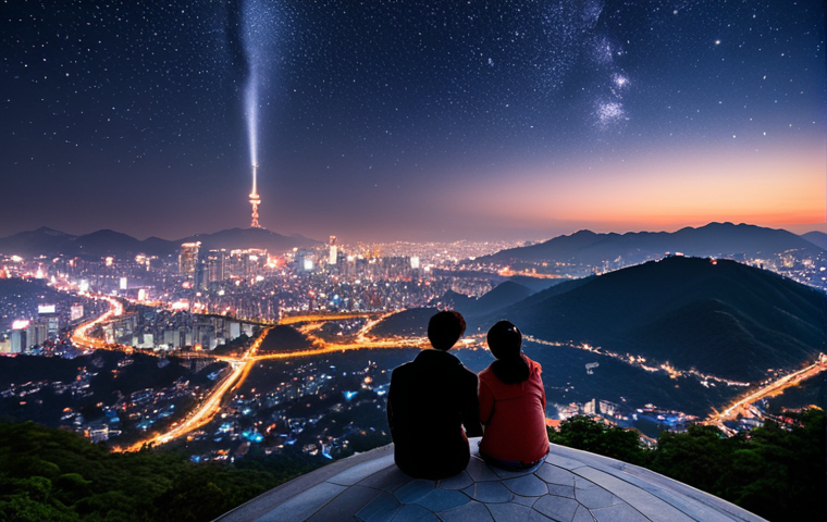 **Daejeon nightscape from Bomunsan Observatory:** Sparkling city lights under a starry sky, a couple enjoying the romantic view with warm coffee, and the overall serene atmosphere of the night.