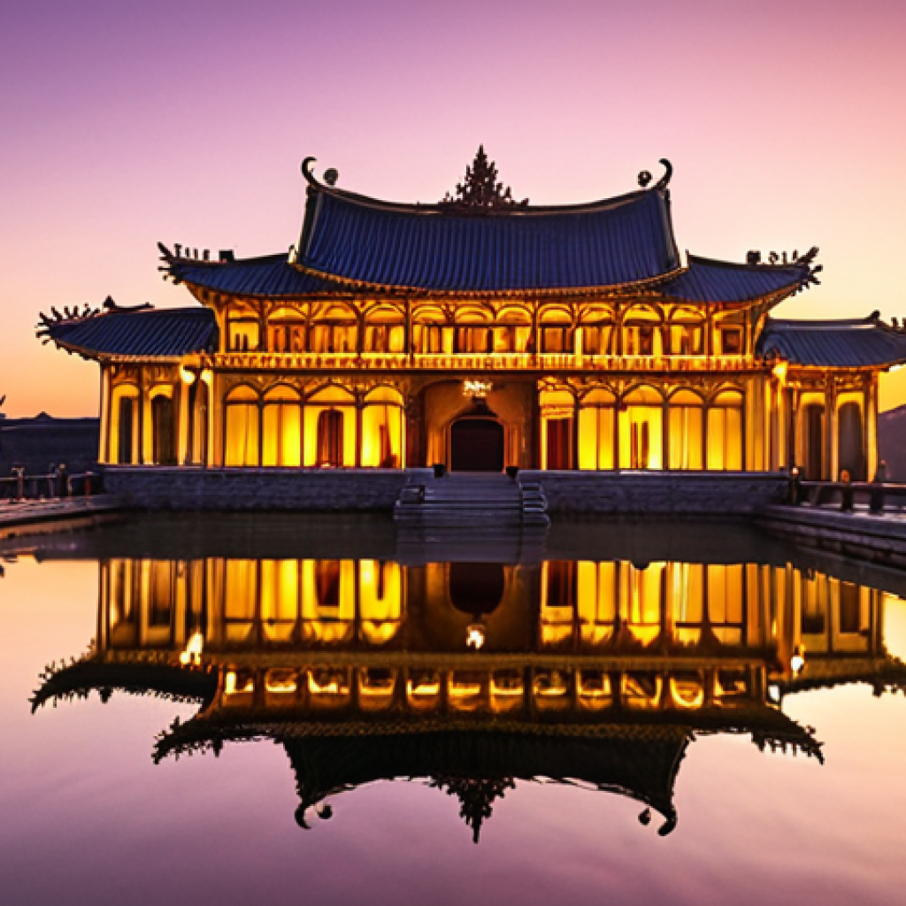**Prompt 1 (Golden Hour Reflection):**
    A breathtaking low-angle wide shot of Donggung Palace and Wolji Pond at magic hour, capturing the palace and its stunning reflection on the calm water. The sky is painted with warm hues of orange, pink, and soft purple as the sun sets, casting a golden glow. The artificial lights of the palace are just beginning to illuminate, blending with the natural light to create a mystical, dreamlike atmosphere. Subtle ripples on the water transform the reflection into a living, ethereal painting, emphasizing perfect symmetry and tranquil beauty.