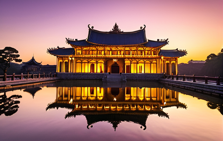 **Prompt 1 (Golden Hour Reflection):**
A breathtaking low-angle wide shot of Donggung Palace and Wolji Pond at magic hour, capturing the palace and its stunning reflection on the calm water. The sky is painted with warm hues of orange, pink, and soft purple as the sun sets, casting a golden glow. The artificial lights of the palace are just beginning to illuminate, blending with the natural light to create a mystical, dreamlike atmosphere. Subtle ripples on the water transform the reflection into a living, ethereal painting, emphasizing perfect symmetry and tranquil beauty.