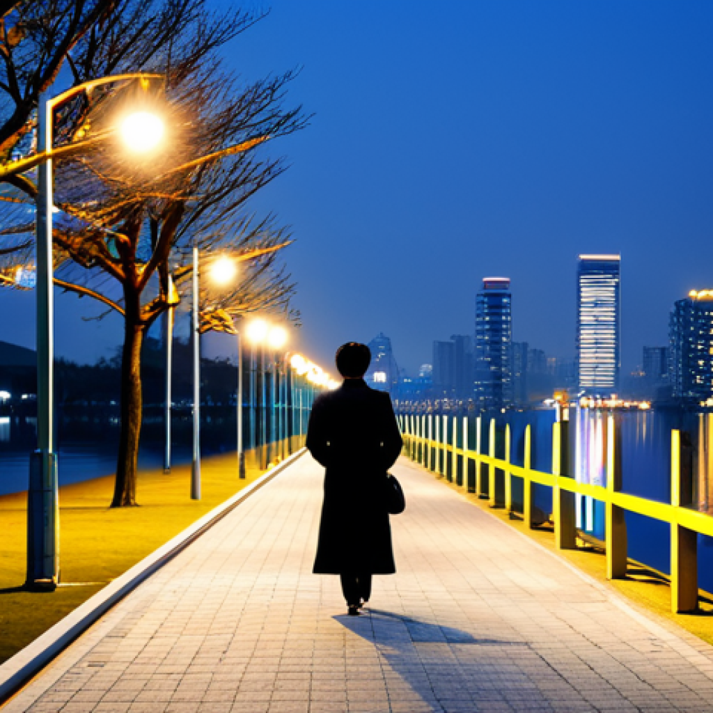 A person, fully clothed in modest, professional attire, walks calmly along a paved path beside Sejong Lake Park at night. The still lake water perfectly reflects the soft, luminous glow from distant city buildings and surrounding park lights. Subtle, well-placed lampposts illuminate the path, creating a quiet and peaceful atmosphere. safe for work, appropriate content, fully clothed, modest clothing, appropriate attire, professional dress, perfect anatomy, correct proportions, natural pose, well-formed hands, proper finger count, natural body proportions, professional photography, high quality, cinematic lighting, tranquil ambiance.