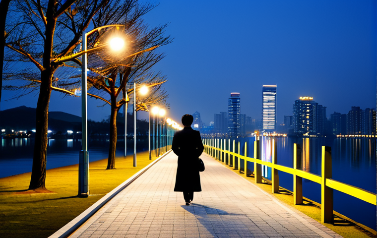 A person, fully clothed in modest, professional attire, walks calmly along a paved path beside Sejong Lake Park at night. The still lake water perfectly reflects the soft, luminous glow from distant city buildings and surrounding park lights. Subtle, well-placed lampposts illuminate the path, creating a quiet and peaceful atmosphere. safe for work, appropriate content, fully clothed, modest clothing, appropriate attire, professional dress, perfect anatomy, correct proportions, natural pose, well-formed hands, proper finger count, natural body proportions, professional photography, high quality, cinematic lighting, tranquil ambiance.