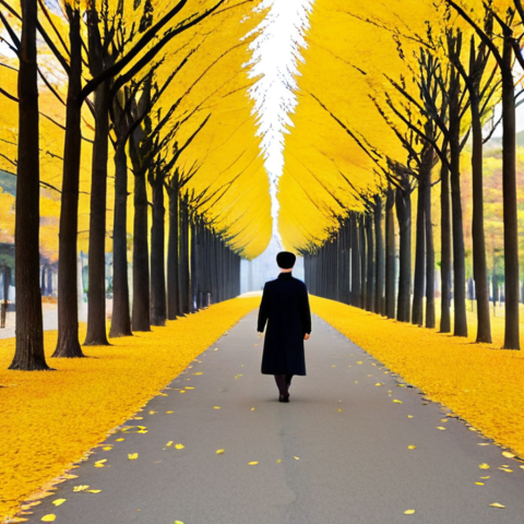 A professional person with a modest demeanor, walking along the Songpa Gingko Tree Road on Nami Island in autumn. The path is covered with vibrant yellow and orange fallen gingko leaves, with tall gingko and maple trees displaying rich fall colors. The atmosphere is serene and picturesque, captured with professional photography. The subject is fully clothed in appropriate, professional autumn attire, exhibiting perfect anatomy, correct proportions, a natural pose, well-formed hands, proper finger count, and natural body proportions. This image is safe for work, appropriate content, and family-friendly.