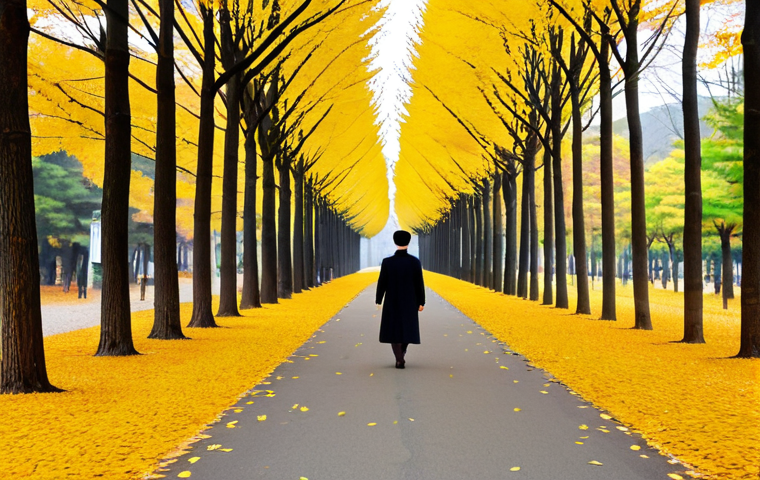 A professional person with a modest demeanor, walking along the Songpa Gingko Tree Road on Nami Island in autumn. The path is covered with vibrant yellow and orange fallen gingko leaves, with tall gingko and maple trees displaying rich fall colors. The atmosphere is serene and picturesque, captured with professional photography. The subject is fully clothed in appropriate, professional autumn attire, exhibiting perfect anatomy, correct proportions, a natural pose, well-formed hands, proper finger count, and natural body proportions. This image is safe for work, appropriate content, and family-friendly.