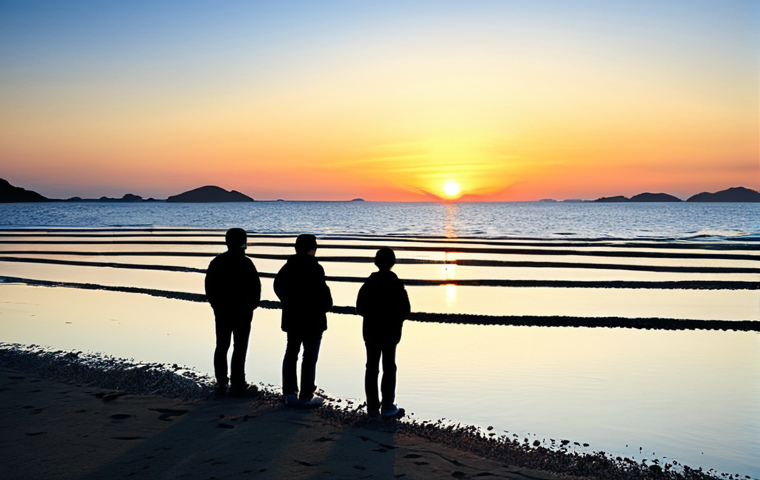 A wide-angle, professional photograph of Minmeoru Beach on Seokmodo Island during a spectacular sunset. The expansive tidal flats perfectly reflect the vibrant sky, which transitions from soft orange to deep crimson. Several individuals and small groups, fully clothed in modest, comfortable attire, stand peacefully observing the dramatic scene, their figures appearing as artistic silhouettes against the brilliant backdrop. The calm water gently laps the shore, adding to the serene atmosphere. Perfect anatomy, correct proportions, natural pose, well-formed hands, proper finger count. Safe for work, appropriate content, family-friendly.