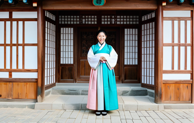 **
"A woman in a modest, pastel-colored hanbok (Korean traditional dress), fully clothed, standing gracefully in front of a traditional Korean house gate in Namsan Hanok Village, Seoul, safe for work, appropriate content, perfect anatomy, correct proportions, professional photography, natural lighting, high quality, family-friendly, well-formed hands, proper finger count, natural body proportions, professional."
**