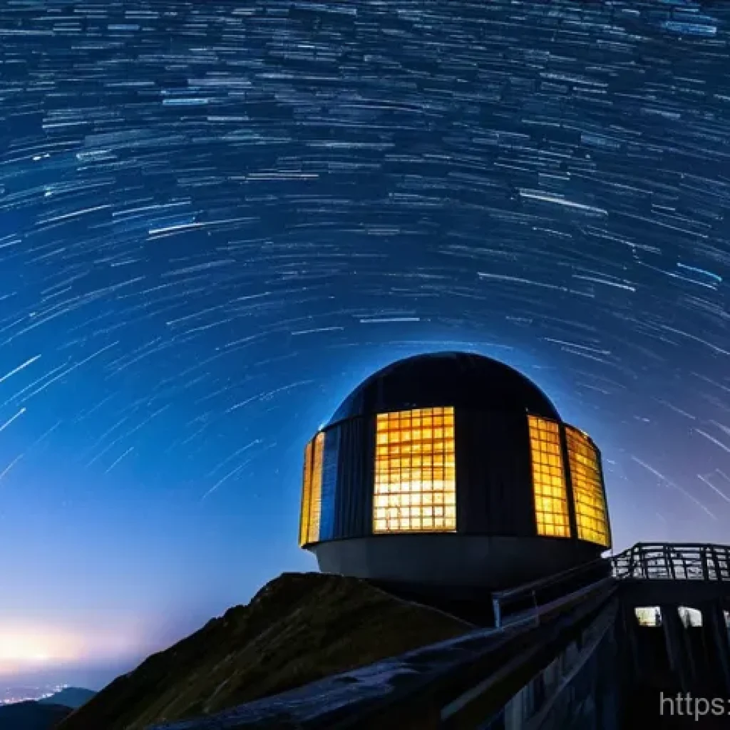 소백산 천문대 별사진 - **Sobaeksan Observatory under a Meteor Shower with Star Trails:** A high-angle, panoramic shot of th...