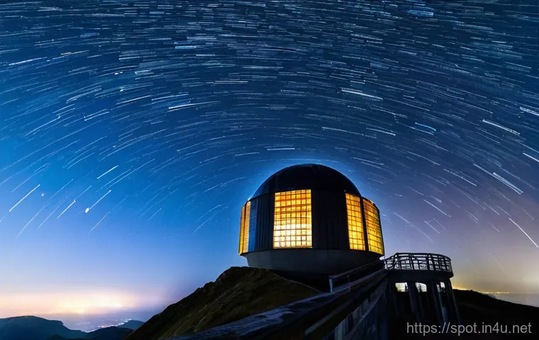 소백산 천문대 별사진 - **Sobaeksan Observatory under a Meteor Shower with Star Trails:** A high-angle, panoramic shot of th...