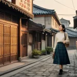 광주 1913송정역시장 감성사진 - **Prompt:** A young woman in her mid-20s, dressed in a stylish yet vintage-inspired outfit (e.g., a ...