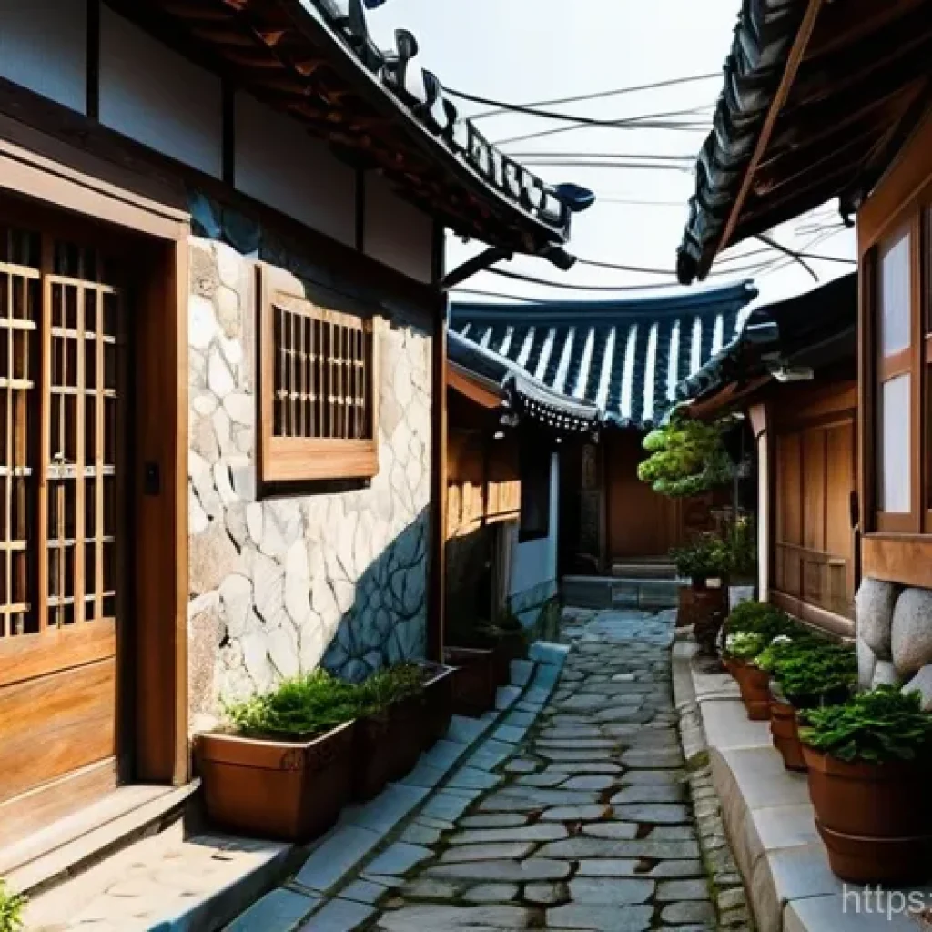 성북동 북정마을 감성 골목길 - **Prompt:** A narrow, winding alleyway in Bugjeong Village, Seongbuk-dong, Seoul, bathed in soft, wa...