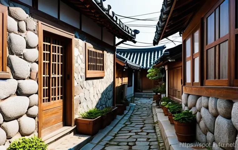 성북동 북정마을 감성 골목길 - **Prompt:** A narrow, winding alleyway in Bugjeong Village, Seongbuk-dong, Seoul, bathed in soft, wa...