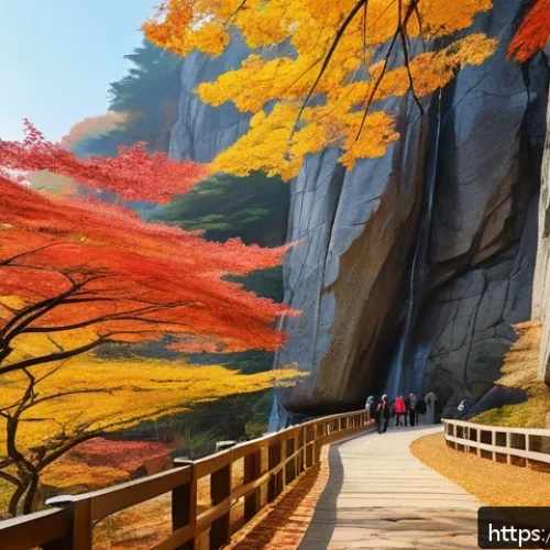 Home 13 청송 주왕산 단풍 명소 - A serene autumn hiking trail at Juwangsan Mountain featuring towering jagged rock formations and vib...