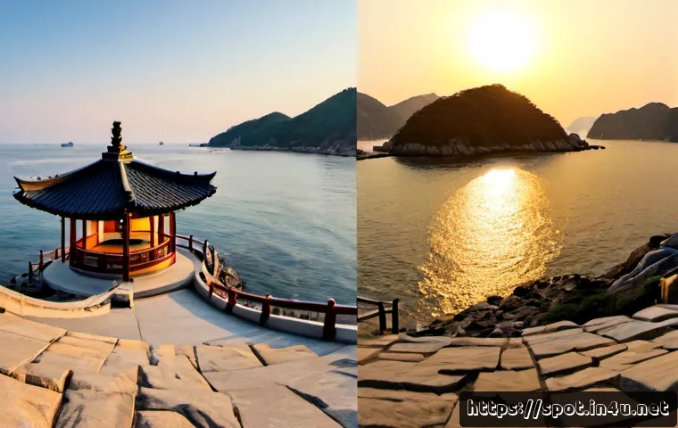 Home 15 창원 진해루 노을 명소 - Photorealistic wide-angle coastal sunset at Jinhaeru Pavilion in Changwon, South Korea, traditional ...