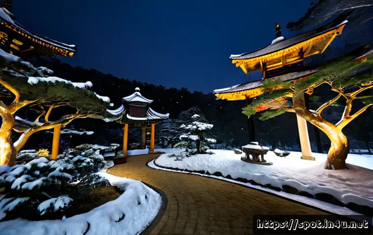 Home 30 가평 아침고요수목원 야경 - Photorealistic winter night garden in Gapyeong, South Korea, a graceful stone pathway curving throug...
