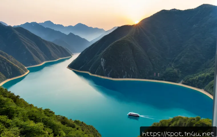 Home 17 제천 청풍호반 케이블카 전망 - Photorealistic panoramic mountain-lake vista from a modern cable car cabin, clear glass window frami...